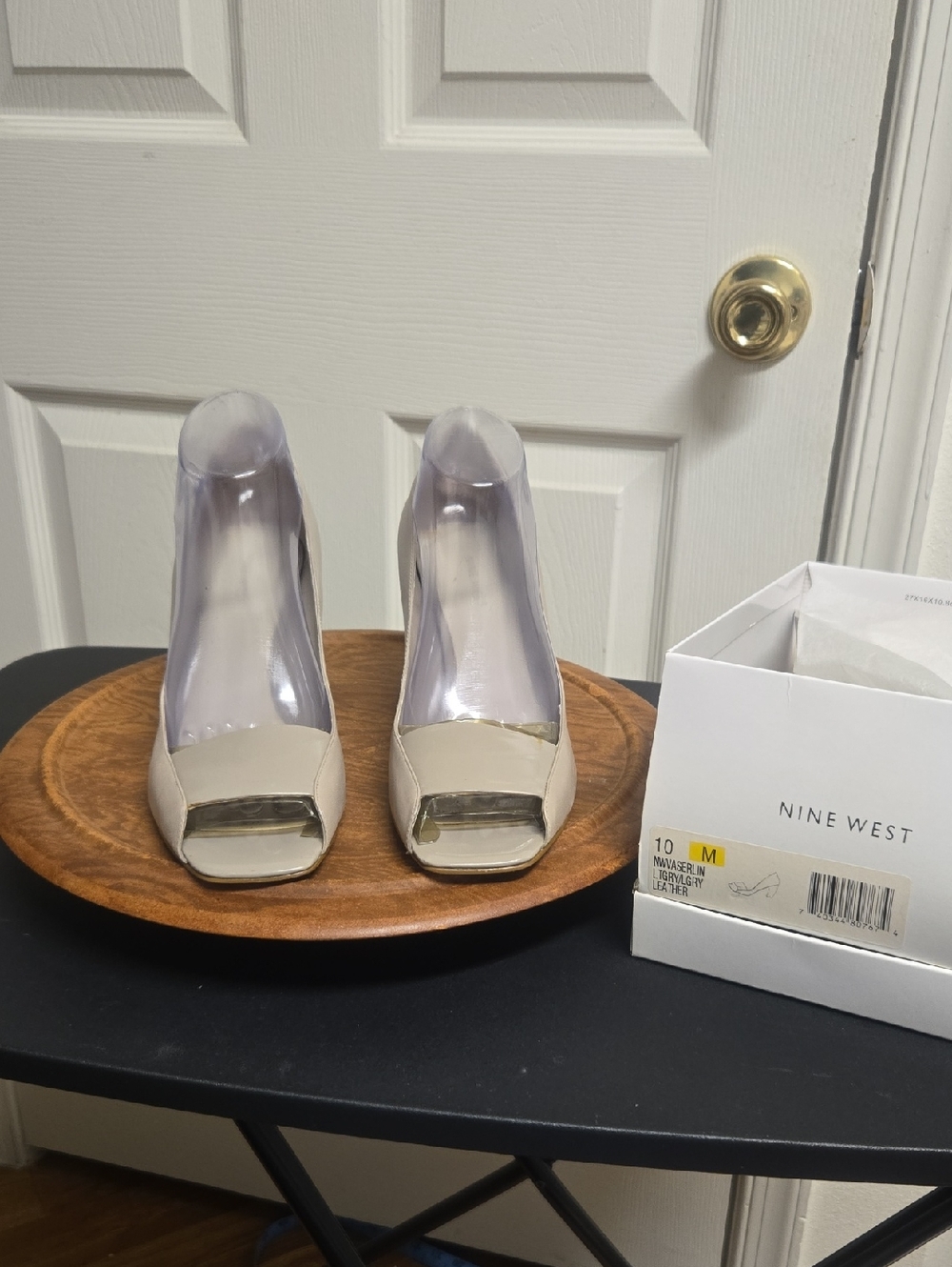 Nine West Beige Open Toe Patent Pumps